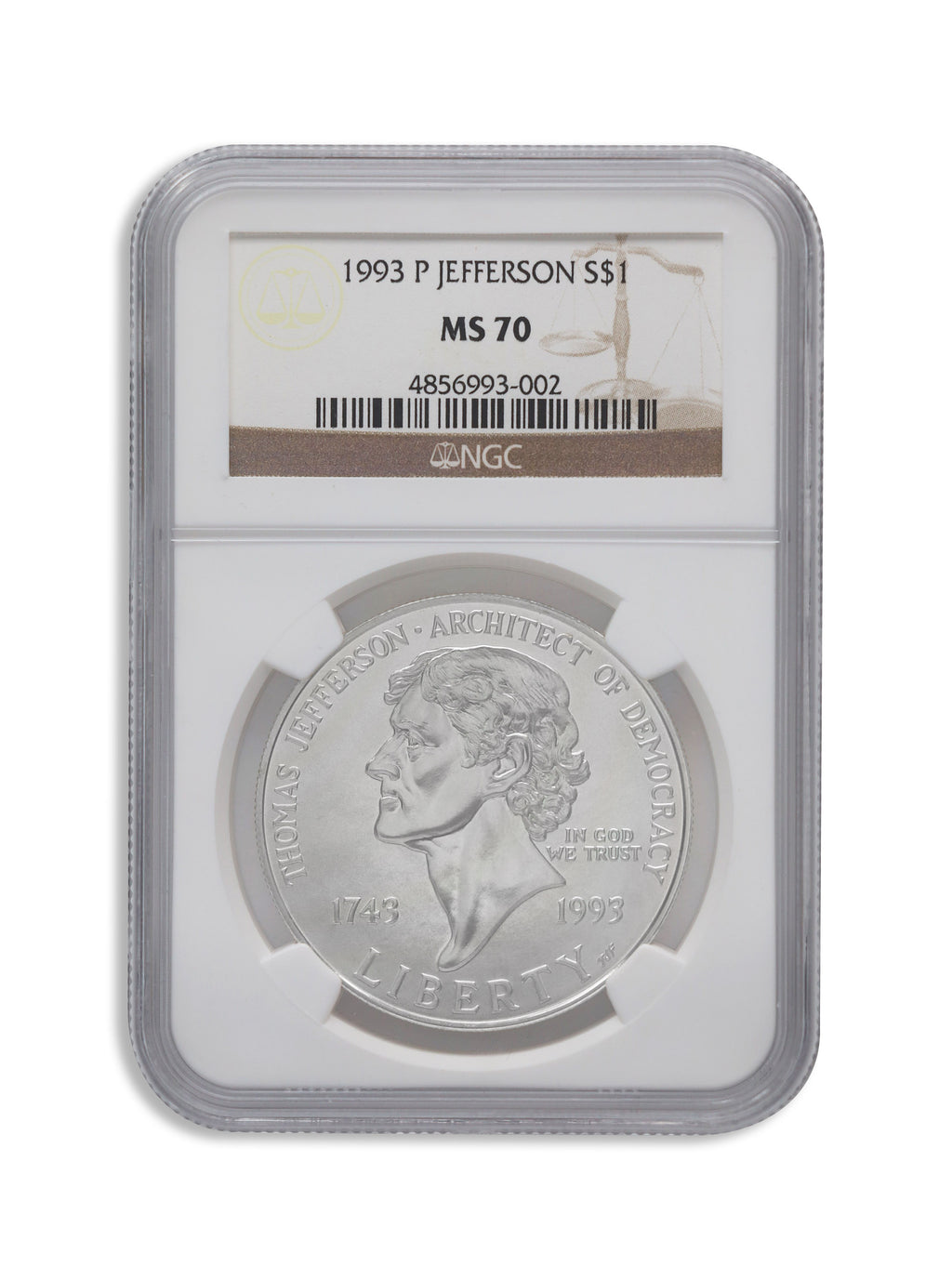 1993-P $1 Jefferson Silver Commem - NGC MS70