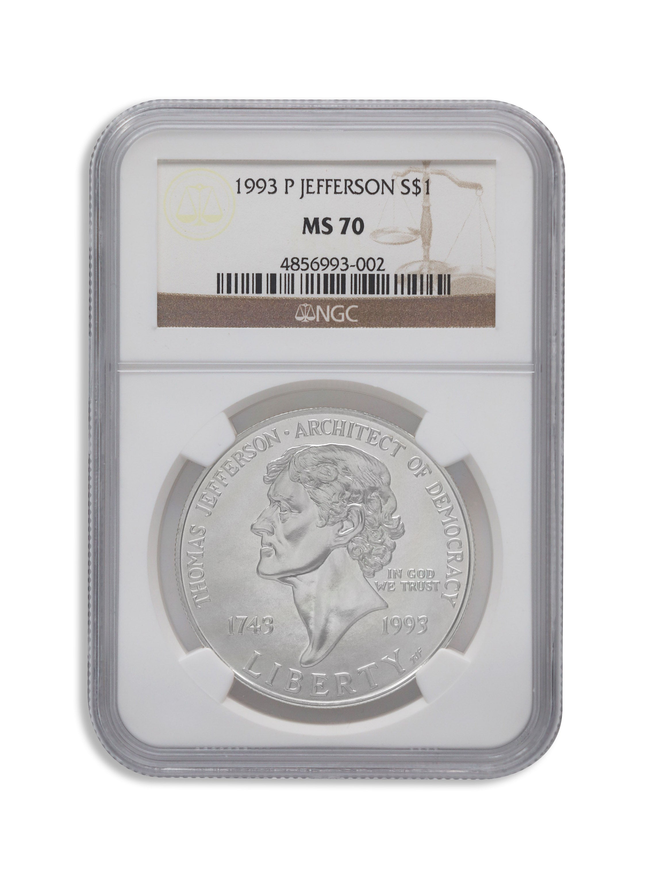 1993-P $1 Jefferson Silver Commem - NGC MS70