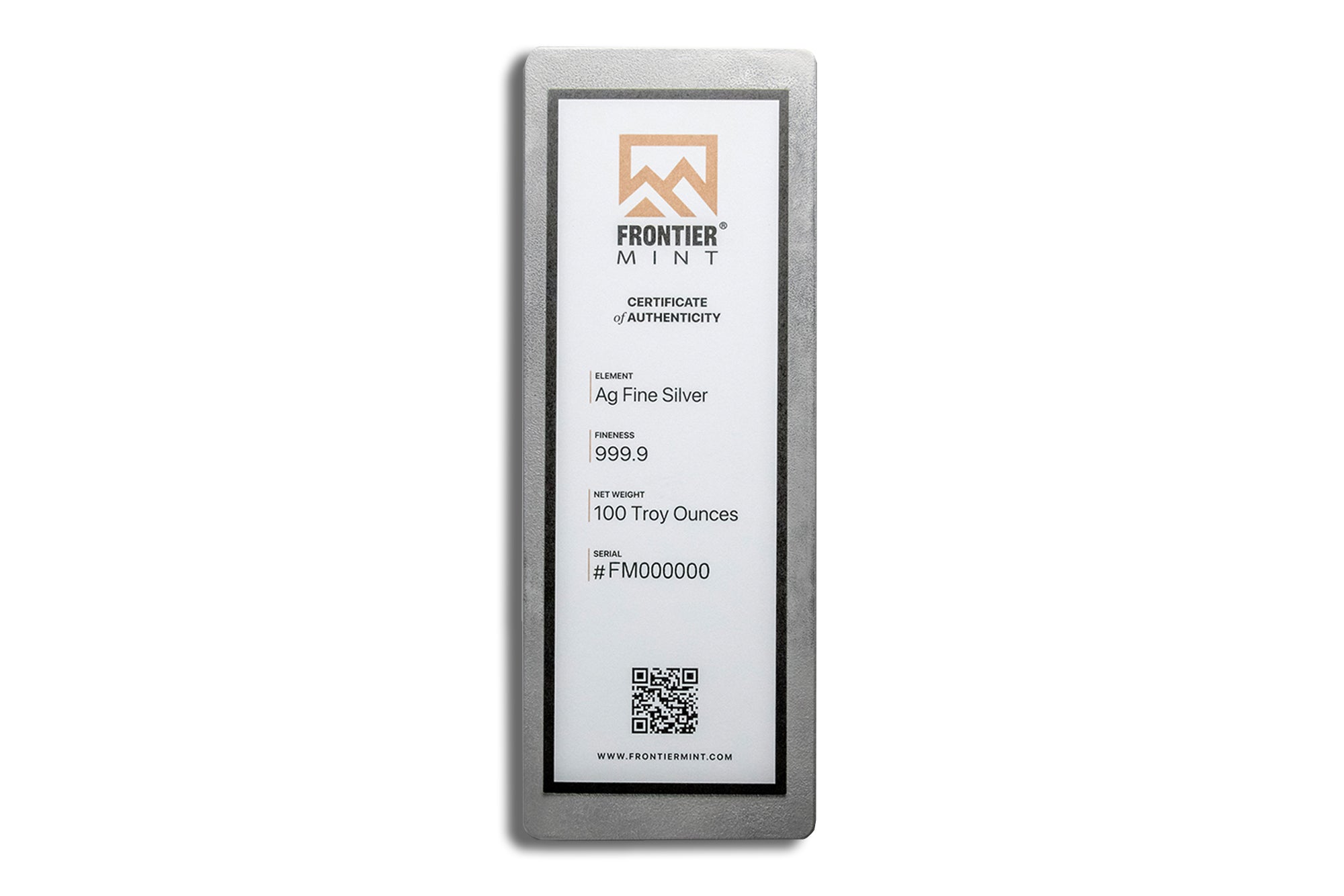 100 oz Silver Bar - Frontier Mint (Frosted)